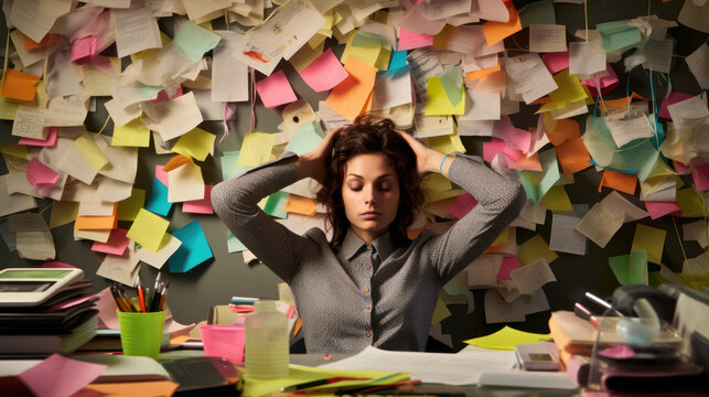 Stressed University student, hands on head in front of wall of revision notes