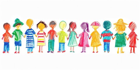 Generative AI, Pencil drawn art by child, naive kids illustration of different multiethnic people, diversity concept on white background	
 - obrazy, fototapety, plakaty