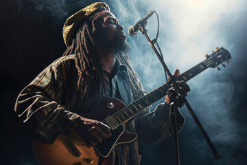 Reggae singer with guitar in dark club - obrazy, fototapety, plakaty