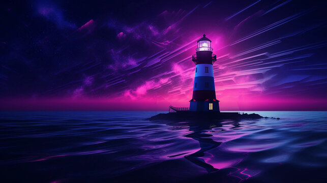 A Lighthouse Set Against a Pink and Violet Sky Lit by Northern Lights Banner