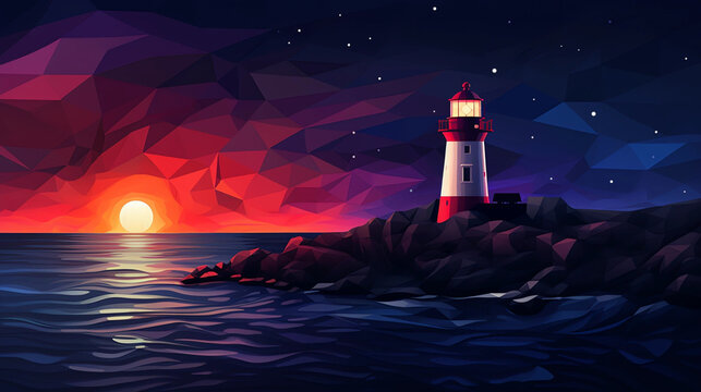 A Lighthouse and Geometric Pattern Sunset Graphic Art Banner