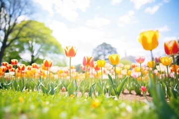 tulip garden in spring, rows of colorful blooms