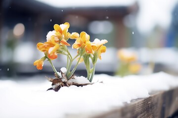 spring flowers budding amidst thawing snow