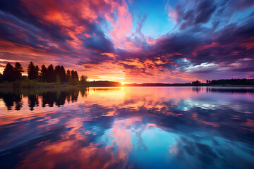 Naklejka premium An image of a vibrant sunset over a serene lake, with colorful reflections shimmering on the water