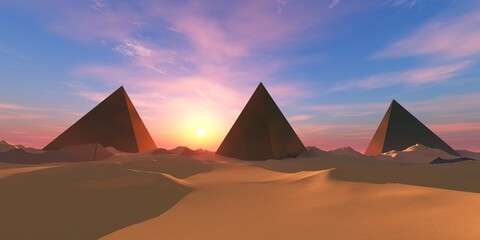 Three pyramids in the sand desert among the dunes at sunset, 3D rendering