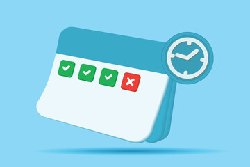 3D calendar and clock on a blue background, the calendar marks the days of completed goals. The concept of timely execution of plans and time tracking.