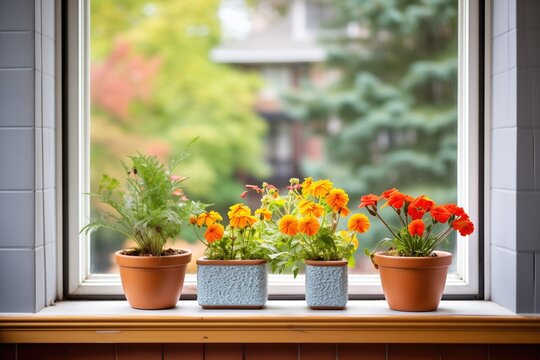 window sill adorned with terracotta planters and flowers