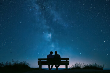 Couple sitting on bench at night looking up at the Milky Way celestial clouds in the sky. - obrazy, fototapety, plakaty