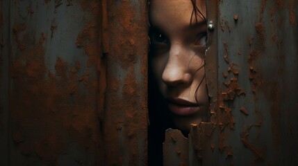Young woman exasperated gaze from small hole in wall, filled with fear and despair in her eyes, evoking heart wrenching concept of female abduction for sex trafficking or organ harvesting