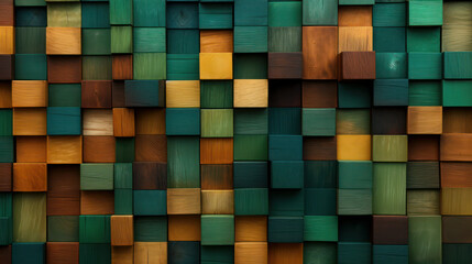 Textured background pattern of different types of wooden squares and vary colours, greens, Brown, orange and pastel blue