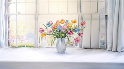 Pastel coloured tulips in vase with bright background