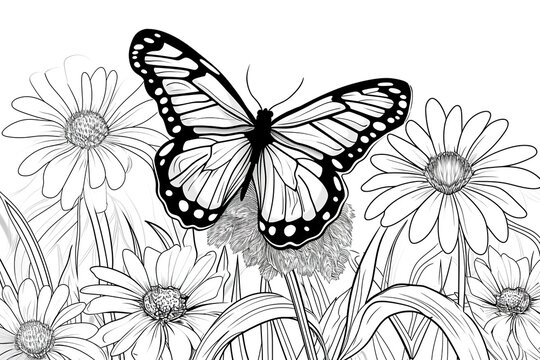 Butterfly with flowers daisy. Coloring page. Line sketch