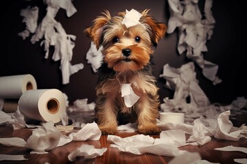 A mischievous Yorkshire Terrier puppy surrounded by shredded toilet paper - obrazy, fototapety, plakaty