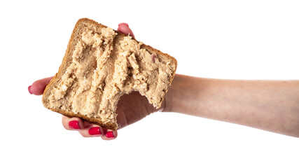 Sandwiches with tuna pate in hand. Fish toast isolated on white background.