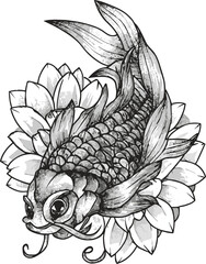 hand drawn  koi fish with flower tattoo for Arm, Japanese carp line drawing.