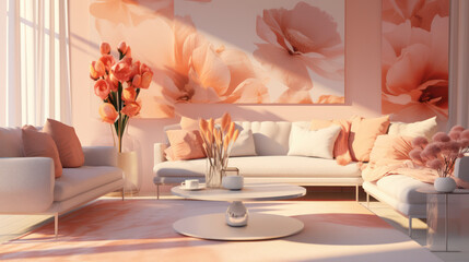Peach themed luxury lounge with large peach flower coloured painting on wall