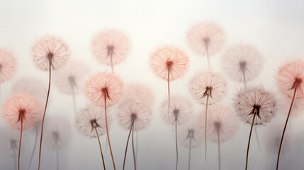Close-up view of dreamy, dandelion heads with soft pastel background