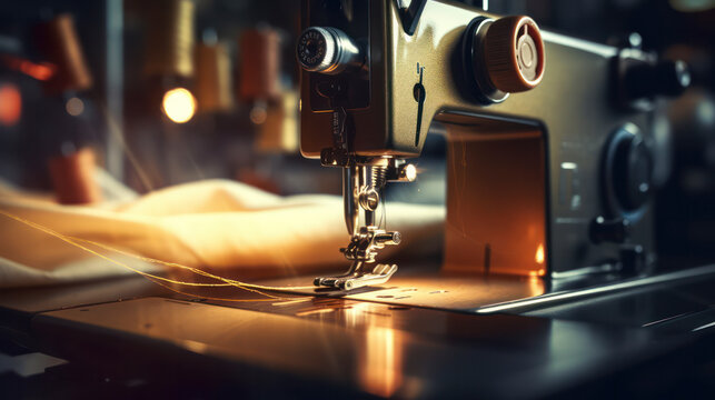 Close-up shot of sewing machine needle with defused light and kitchen blurred background