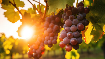 Close up view of ripening grapes in vineyard, setting sun in background  - Powered by Adobe