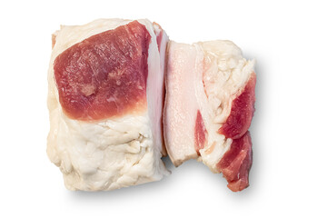 A piece of fresh raw lard with a layer of meat (lard, bacon). Isolated on transparent background.