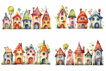 Naklejka premium watercolor cartoon illustration collection set, fairytale garden house, isolated on white background, idea for sticker and junk journal clipart, Generative A