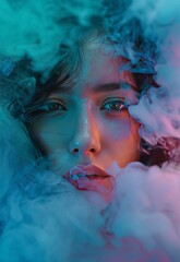 face of a sensual brunette behind clouds or white smoke. Generative AI