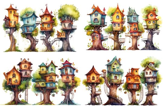 watercolor cartoon illustration collection set, cute treehouse in garden, isolated on white background, idea for sticker and junk journal clipart, Generative A