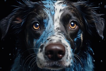 Blue Eyes Portrait Of A Dog With Rain Nature In The Background Black Backgroundramatic Lighting. Сoncept Blue Eyes, Dog Portrait, Rain Nature, Black Background, Dramatic Lighting