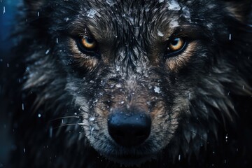 Blue Eyes Portrait Of A Wolf With Rain Nature In The Background Black Backgroundramatic Lighting. Сoncept Ethereal Wolf Portrait, Moody Rainy Backdrop, Dramatic Lighting, Blue-Eyed Beauty