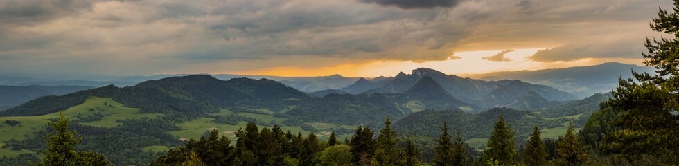 Beautiful panorama of the Pieniny Mountains.  Sunset over Three Crowns Peak
