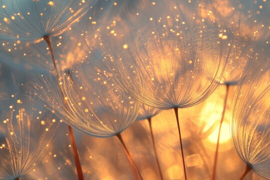 Abstract Bokeh-Filled Nature Backdrop Created By Blurry Dandelion Seed Parachutes. Сoncept Macro Photography, Dreamlike Landscapes, Soft Focus, Whimsical Nature, Dandelion Seed Art