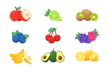 Set of Colorful Cartoon Fruits Vector Illustrations. Apple, Grapes, kiwi, Blueberry, Cherry, Banana, Avocado, Lemon. Whole and Slices
