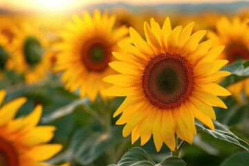 Closeup Of Vibrant Yellow Sunflower Petals In A Sprawling Field. Сoncept Nature's Beauty, Sunflower Fields, Captivating Closeups
