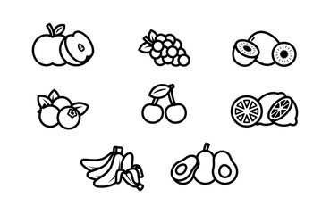 Set of Line art Fruits Icons Vector Illustrations. Apple, Grapes, kiwi, Blueberry, Cherry, Banana, Avocado, Lemon. Whole and Slices