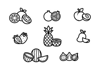 Set of Line art Fruits Icons Vector Illustrations. Orange, Pomegranate, Peach, Strawberry, Pineapple, Mango, Watermelon, Fig. Whole and Slices
