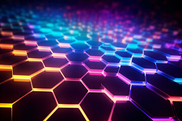 3D Realistic Hexagons Pattern Texture with LED Neon Lights - obrazy, fototapety, plakaty