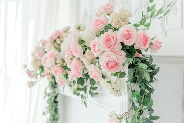 Floral Podium With Pink Roses On A White Table Creating A Beautiful Display. Сoncept Elegant Floral Arrangement, Pink Rose Podium, White Table Display, Beautiful Decor, Stunning Centerpiece
