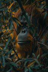 Obraz premium Portrait of orangutan hiding among the leaves in the jungle