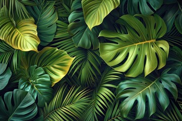Pattern Of Lush Vibrant Tropical Leaves Adds A Touch Of Paradise. Сoncept Bold And Beautiful Blooms, Serene Sunsets, Majestic Mountain Peaks, Tranquil Beach Scenes, Enchanting Forest Adventures