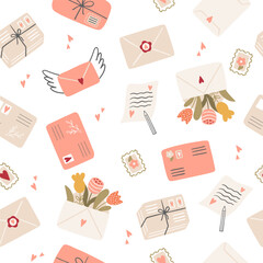 Seamless pattern with letters, envelopes and stamps in flat style.