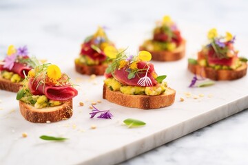 vibrant beetroot hummus bruschettas on a marble surface