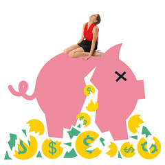 Contemporary art collage. Woman sitting atop piggy bank with cross mark, surrounded by currency symbols and coins. Concept of financial education, banking services, inflation and savings.
