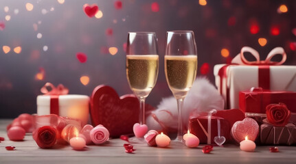 Gifts, glasses of champagne and hearts in lights, romantic background. Valentine's day holiday