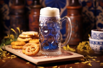 Fototapeta na wymiar Banner consisting from foamy German beer in large glass mug for celebration holiday Oktoberfest, Ai generated