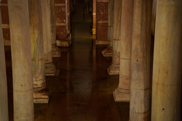 ISTANBUL, TURKEY - JANUARY 9, 2024: Basilica Cistern of Istanbul, the largest ancient cistern of the city after a long term restoration work Detail of columns and water