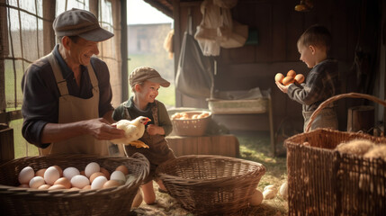 family of grandfather and grandchildren in the chicken coop playing with the chickens and collecting eggs