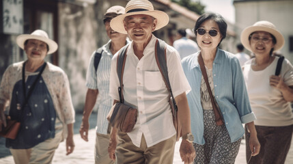 group of retired senior japanese tourists in mediterranean town doing sightseeing