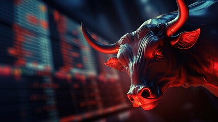 big giant fierce bull with Stock Market with light background, Bullish position, Generative Ai - obrazy, fototapety, plakaty