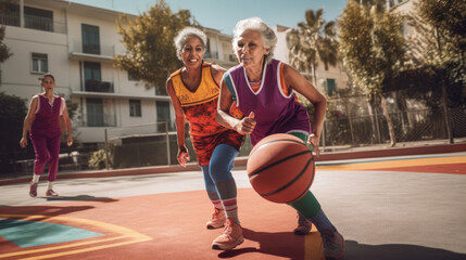senior friends of different cultural ethnicities play basketball together - modern grandmothers - obrazy, fototapety, plakaty