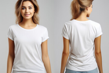 Front and back views of young woman in a white t-shirt on a white background